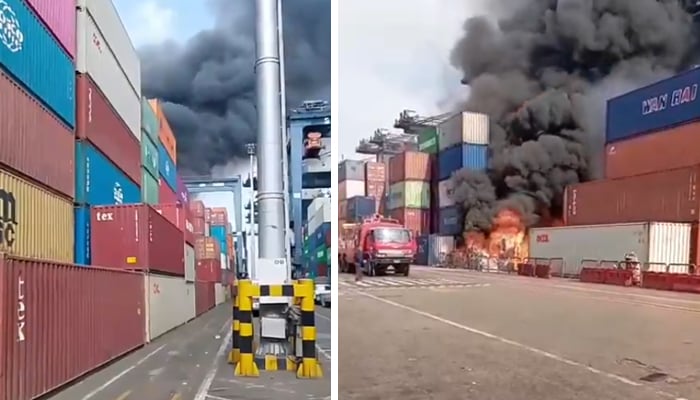 Massive fire breaks out at Karachi International Container Terminal (KICT) at Karachi Port, Karachi, January 16, 2025. — Screengrab via YouTube/Geo News