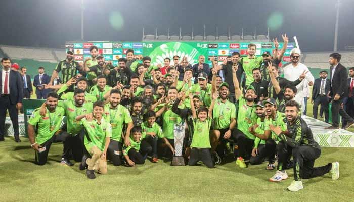 Lahore Qalandars players and support staff celebrates winning the PSL 10 title after beating Quetta Gladiators at the Gaddafi Stadium in Lahore on May 25, 2025. — PCB