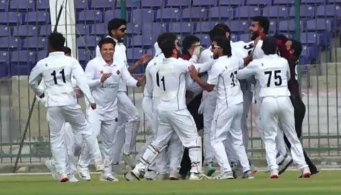 PTV players celebrate winning thier fourth-round Presidents Trophy Grade-I match against SNGPL at the National Bank Stadium in Karachi on January 17, 2026. — PCB