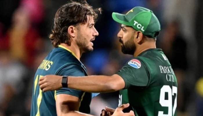 Australia’s Marcus Stoinis (left) embraces Pakistan bowler Haris Rauf after the third T20I at the Bellerive Oval in Hobart, Australia, November 18, 2024. — AFP