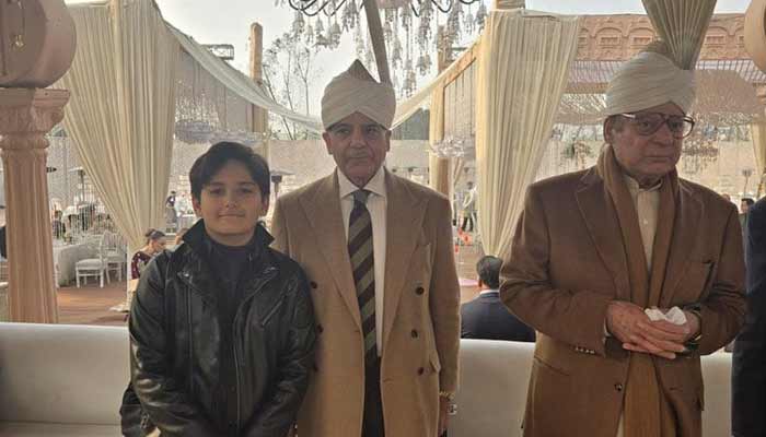 Premier Shehbaz Sharif poses during the wedding event of Maryam Nawazs son Junaid Safdar at Jati Umra, Lahore, on January 17, 2026. — Geo News