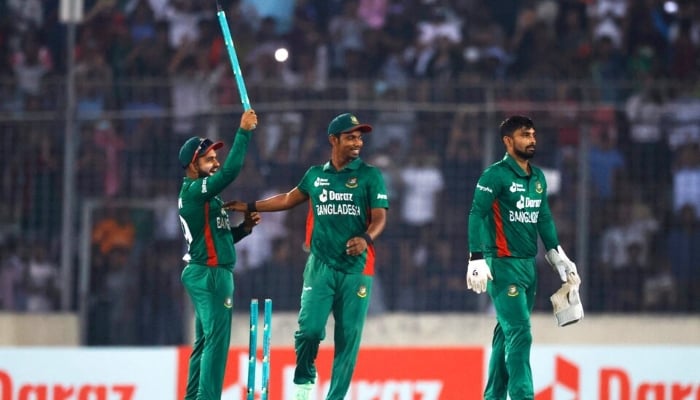 Bangladesh players celebrate after winning the third T20I against England at the Sher-E-Bangla National Cricket Stadium, Dhaka, Bangladesh, March 14, 2023. — Reuters