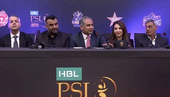PCB Chairman Mohsin Naqvi (centre) speaks during a press conference after the PSL Auction at the Jinnah Convention Centre in Islamabad on January 8, 2026. — PSL