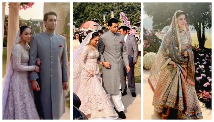 (Left to right) Newlywed couple Shanzeh Ali and Junaid Safdar and Punjab Chief Minister Maryam Nawaz. &mdash; Geo News