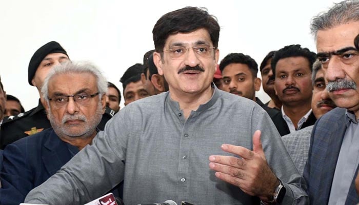 Sindh Chief Minister Syed Murad Ali Shah talking to media persons at Garhi Khuda Bakhsh in Larkana, Sindh, February 28, 2025. — APP
