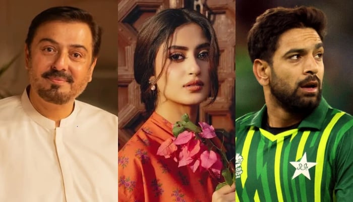 A collage of Pakistani actors Nauman Ijaz, Sajal Aly and cricketer Haris Rauf. — Instagram/AFP