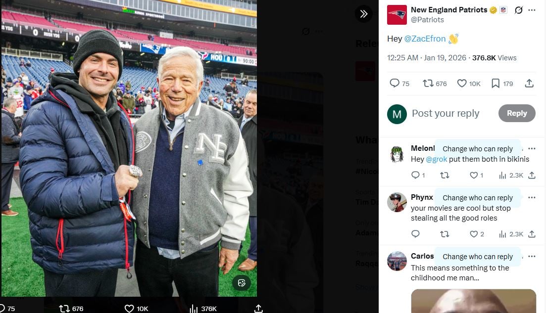 Zac Efron makes rare public appearance at Patriots-Texans game