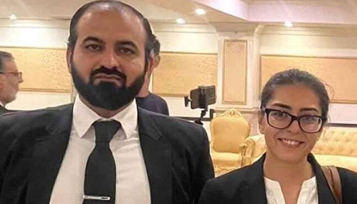 Rights activist Imaan Mazari pictured with her husband Advocate Hadi Ali Chattha. — X@AsadAToor