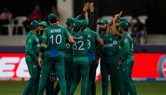 Pakistan players celebrate the wicket of Australias Glenn Maxwell during ICC Mens T20 World Cup Dubai International Cricket Stadium, Dubai, United Arab Emirates. — Reuters/File