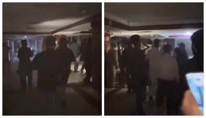 This collage of photos shows people running for safety after a fire broke out in Karachis Gul Plaza on January 17, 2026. — Instagram/geonewsdottv