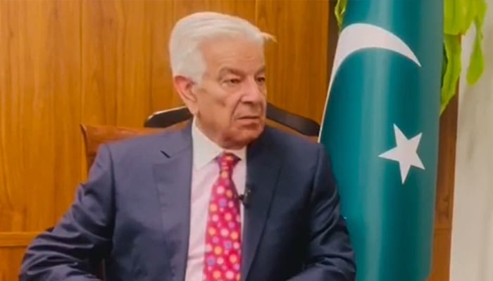 Defence Minister Khawaja Asif speaks during an interview with Geo News at Parliament House, Islamabad, January 19, 2026. — Geo News