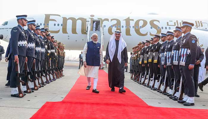 UAE President Sheikh Mohamed bin Zayed Al Nahyan walks with Indias Prime Minister Narendra Modi upon his arrival at the airport in New Delhi, India, January 19, 2026. — Reuters