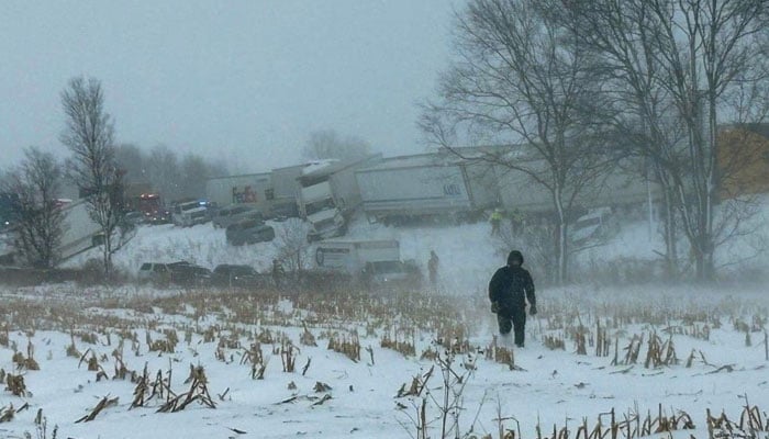 This handout photo taken and posted by Michigan State Senator Roger Victory on his X account, shows truck and cars piled up after a crash along the I-196 highway, near Zeeland in West Michigan on January 19, 2026. — AFP