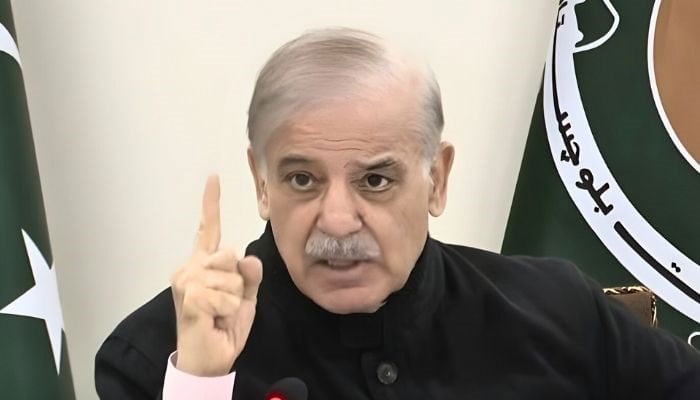 Prime Minister Shehbaz Sharif is addressing the political leadership in Quetta on January 8, 2025.— YouTube/Geo News/screengrab