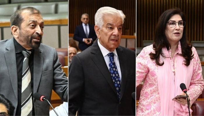 (From left to right) MQM-P MNA Farooq Sattar, Defence Minister Khawaja Asif and PPP MNA Syeda Shehla Raza addressing National Assembly session on January 20, 2026. — Facebook/NationalAssemblyOfPakistan