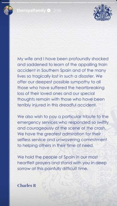 King Charles issues personal statement mourning Spain train crash victims