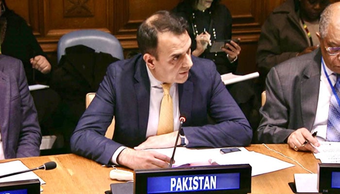 Acting Permanent Representative of Pakistan to the United Nations Ambassador Usman Jadoon speaking at the Global Water Bankruptcy Policy Roundtable at UN in New York on January 20, 2026. — X/@PakistanUN_NY