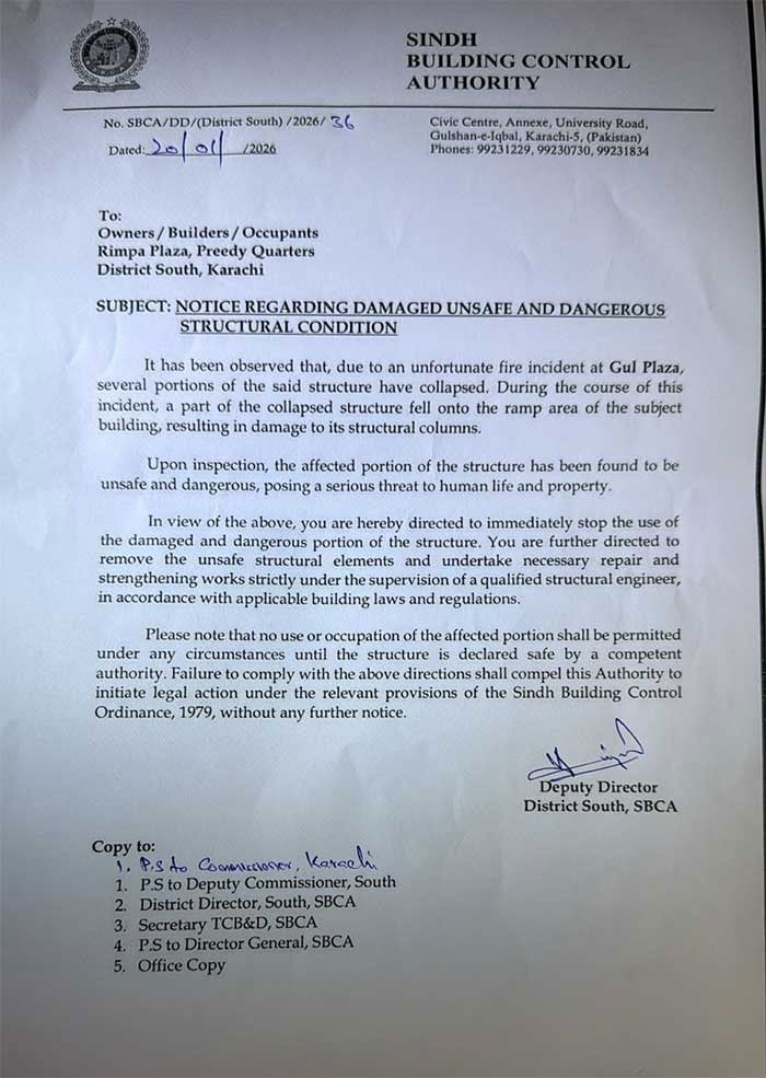 Notice issued by the SBCA to Rimpa Plaza — Geo News