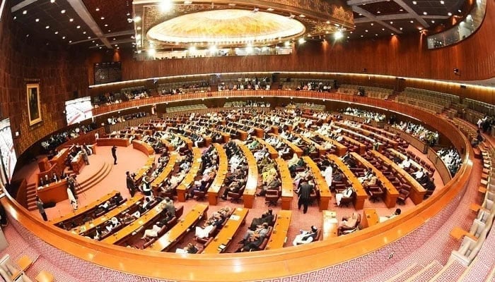 A view of the National Assembly session underway with then-speaker Raja Pervez Ashraf in the chair, on April 10, 2023. — Twitter/NAofPakistan