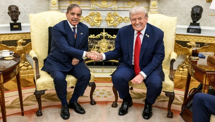 Prime Minister Shehbaz Sharif shakes hands with US President Donald Trump at the White House on September 25, 2025. — White House