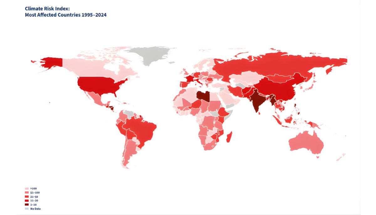 A map showing most affected countries from 1995-2024. — Global Climate Risk Index 2026