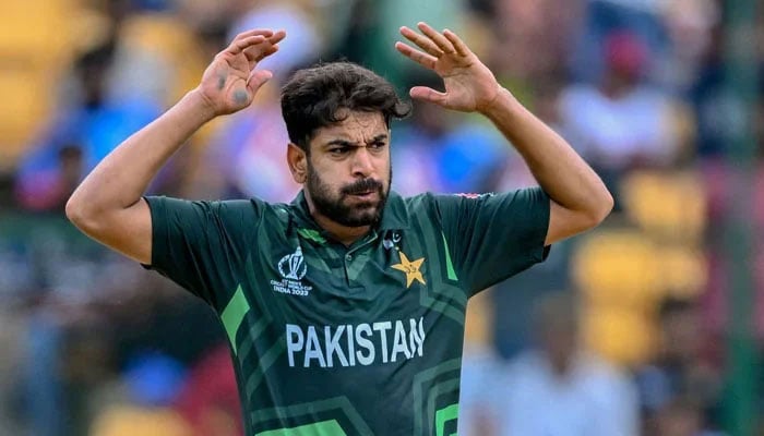 Pakistans Haris Rauf reacts after a delivery during the World Cup 2023 match against New Zealand at the M Chinnaswamy Stadium in Bengaluru. — AFP/File