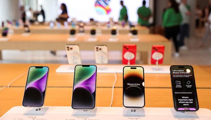 Apple iPhones are seen inside Indias first Apple retail store during a media preview, a day ahead of its launch in Mumbai, India. — Reuters/File
