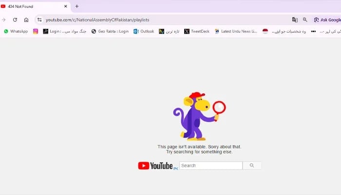 Screengrab showing the official National Assembly channel on YouTube is not available, January 23, 2026. — Geo.tv