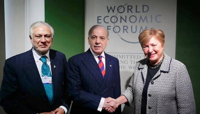 PM Shehbaz Sharif (centre) shaking hands with IMF Managing Director Kristalina Georgieva (right) during their meeting on the sidelines of the World Economic Forum in Davos, Switzerland, January 22, 2026. — X/Prime Minister’s Office
