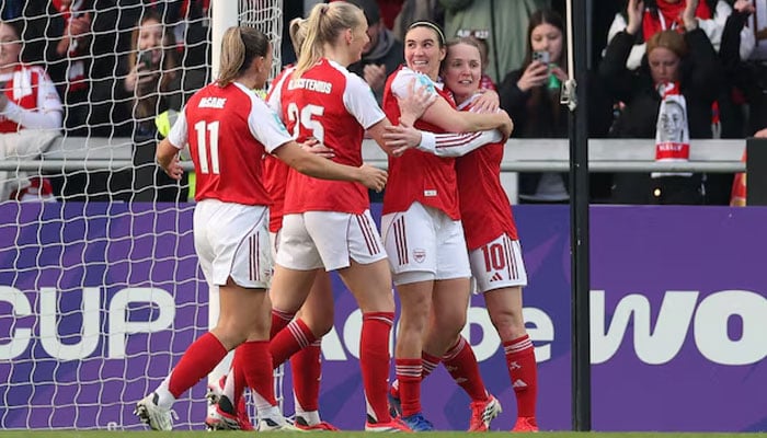 Arsenals Stina Blackstenius celebrates scoring their first goal against Aston Villa in Womens FA Cup with teammates January 18, 2026. — Reuters