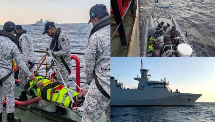 The Pakistan Navys personnel provide medical assistance to a Sri Lankan national, evacuated from the Indonesian-flagged MV Grey Palm on January 24, 2026, from the Indian Ocean. — APP