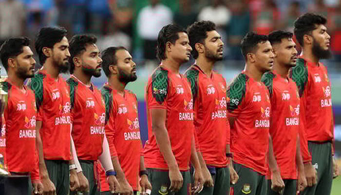 Bangladesh players line up during the national anthems before the match in Dubai International Cricket Stadium, Dubai, United Arab Emirates, on September 24, 2025. — Reuters