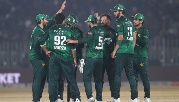 Pakistan cricketers celebrate after a wicket during tri-nation series match against Sri Lanka at Rawalpindi Cricket Stadium, Rawalpindi, December 1, 2025. — PCB