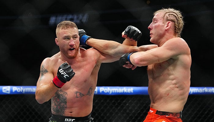 Justin Gaethje (red gloves) fights Paddy Pimblett (blue gloves) during UFC 324 at T-Mobile Arena in Las Vegas, US on January 25, 2026. — Reuters
