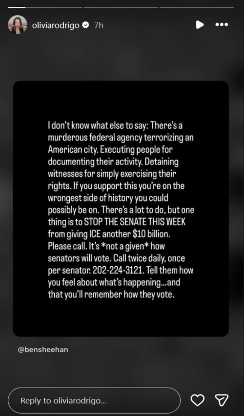 Olivia Rodrigo issues strongly worded response to latest ICE shooting