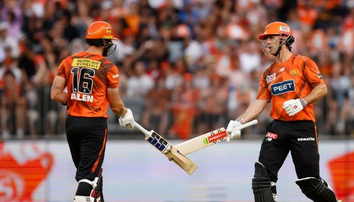 Perth Scorchers Finn Allen and Mitchell Marsh during their BBL 15 final against Sydney Sixers in Perth, January 25, 2026. — Cricket Australia