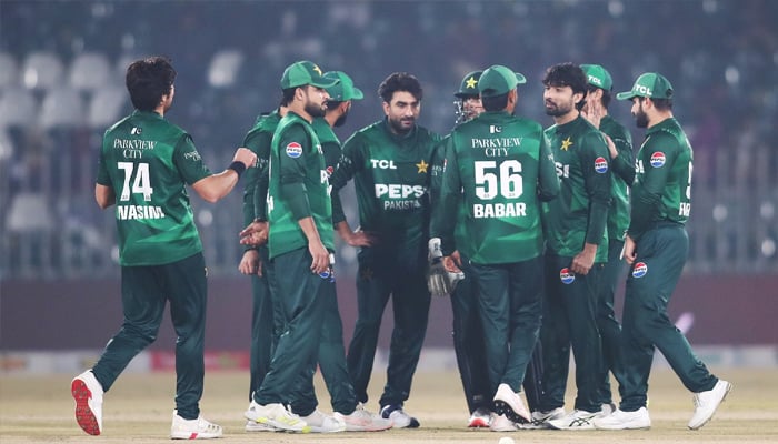 Pakistan players celebrate after taking wicket against Sri Lanka during their Tri-Nation series match at Rawalpindi Cricket Stadium, Rawalpindi, December 1, 2025. — PCB