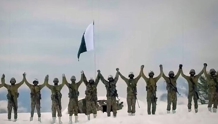 Pakistan Army soldiers pose in front of national flag at a snowy mountain top. — ISPR