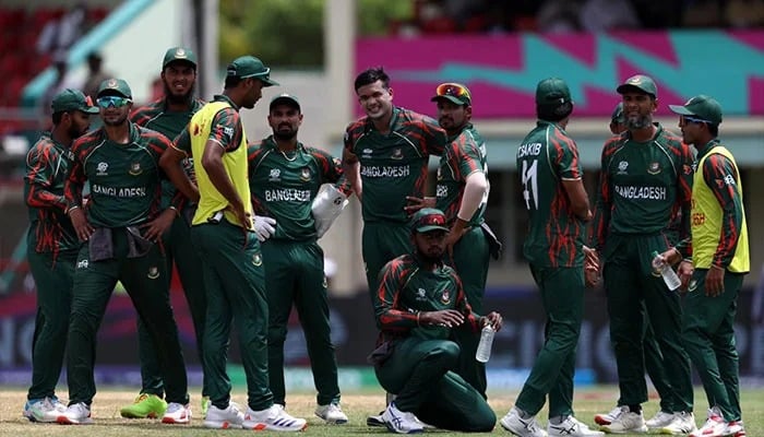 Bangladesh players wait for a review during the T20 World Cup 2024 match against the Netherlands, Kingstown, Jamaica, June 13, 2024. — ICC