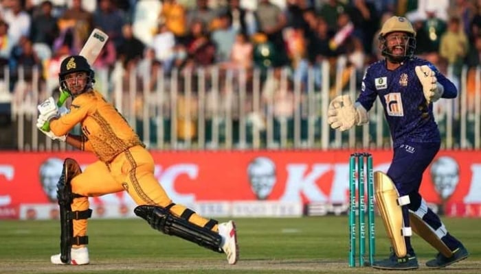 Peshawar Zalmis Saim Ayub watches the ball after playing a shot during their PSL 10 match against Quetta Gladiators at the Rawalpindi Cricket Stadium in Rawalpindi on April 12, 2025. — PSL
