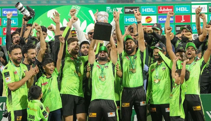 Lahore Qalandars celebrate their victory after winning the Pakistan Super League (PSL) 2025 final against Quetta Gladiators at Gaddafi Stadium, Lahore, on May 25, 2025. — PSL