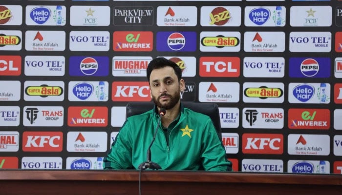 Pakistan’s T20I captain Salman Ali Agha speaking during the pre-series press conference ahead of the three-match T20I series against Australia in Lahore on January 28, 2026. — PCB