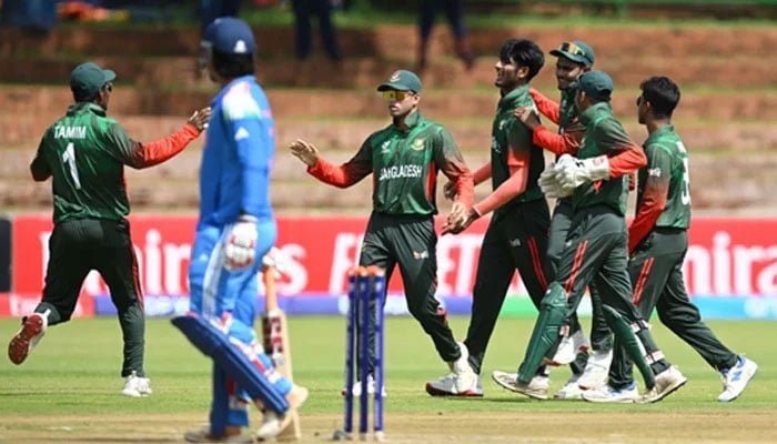 Bangladesh players celebrate a dismissal during their ICC Mens U19 World Cup match against India at the Queens Sports Club in Bulawayo on January 17, 2026. — ICC