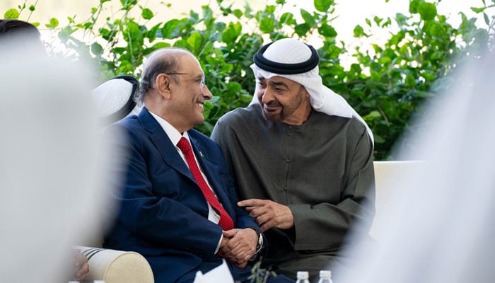 President Asif Ali Zardari meeting President of the United Arab Emirates and Ruler of Abu Dhabi Sheikh Mohamed bin Zayed Al Nahyan at Qasr al-Bahr. — PID
