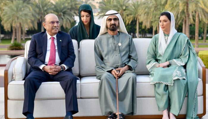 President Asif Ali Zardari is seen in a meeting with Vice President and Prime Minister of the United Arab Emirates and Ruler of Dubai Sheikh Mohammed bin Rashid Al Maktoum on January 28, 2026. — PID