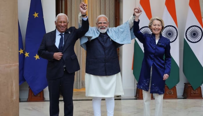 European Council President Antonio Costa, European Commission President Ursula von der Leyen and Indian Prime Minister Narendra Modi pose during a photo opportunity ahead of their meeting at the Hyderabad House in New Delhi, India, January 27, 2026. — Reuters