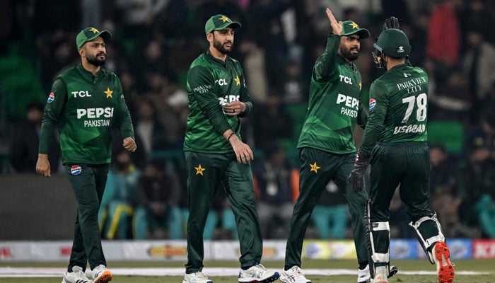 Pakistan’s players celebrate after the dismissal of Australia’s Cooper Connolly during the first Twenty20 international cricket match between Pakistan and Australia at the Gaddafi Stadium in Lahore on January 29, 2026. — AFP