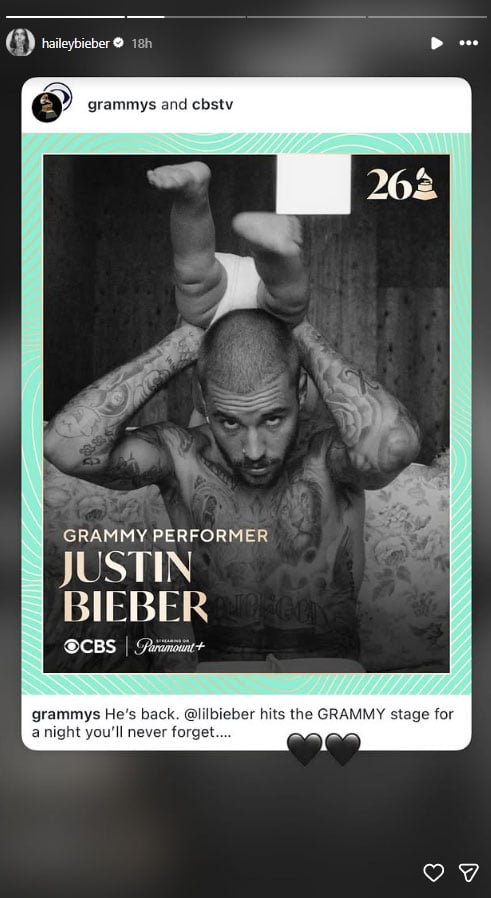 Hailey Bieber reacts to Justin Biebers Grammys return