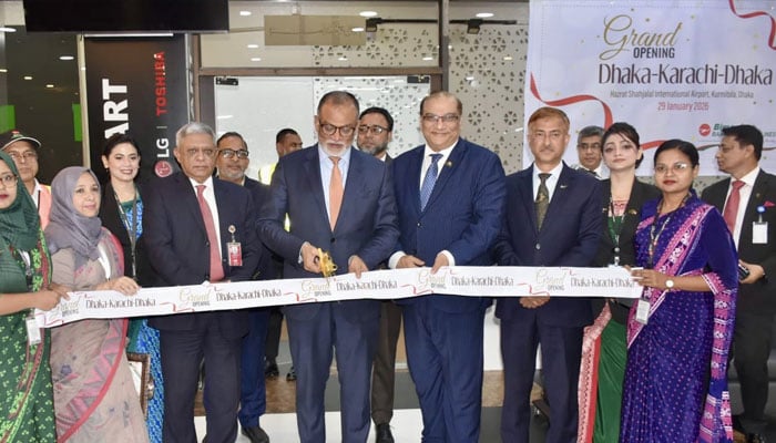 Pakistan’s high commissioner to Bangladesh, Imran Haider, cuts the ribbon at the launch ceremony of direct Dhaka–Karachi flights alongside other officials on January 29, 2026. — X/@PakinBangladesh