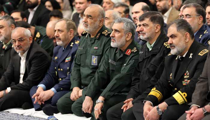 Starts from right, Iran’s commander-in-chief of Irans Islamic Revolutionary Guard Corps Hossein Salami, and the commander of the IRGCs Aerospace Forces Amir Ali Hajizadeh attend a meeting with the supreme leader and officials in Tehran on January 28, 2025.— AFP/ File